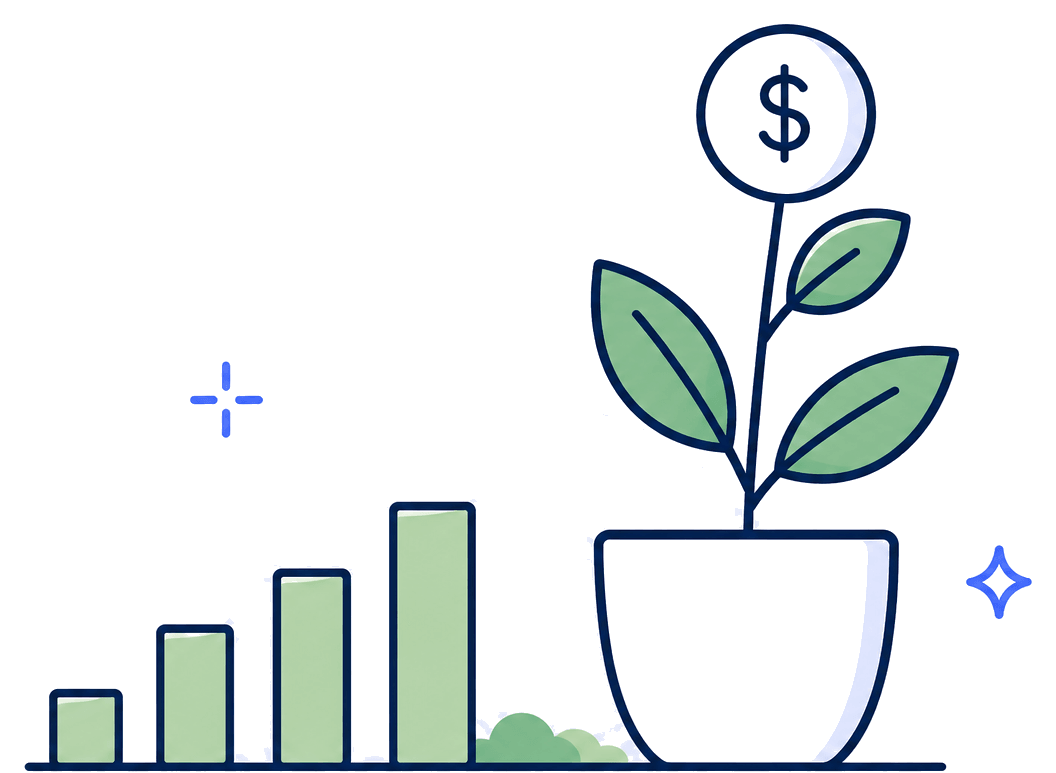 Planta creciendo sobre monedas, representando el crecimiento de una inversión