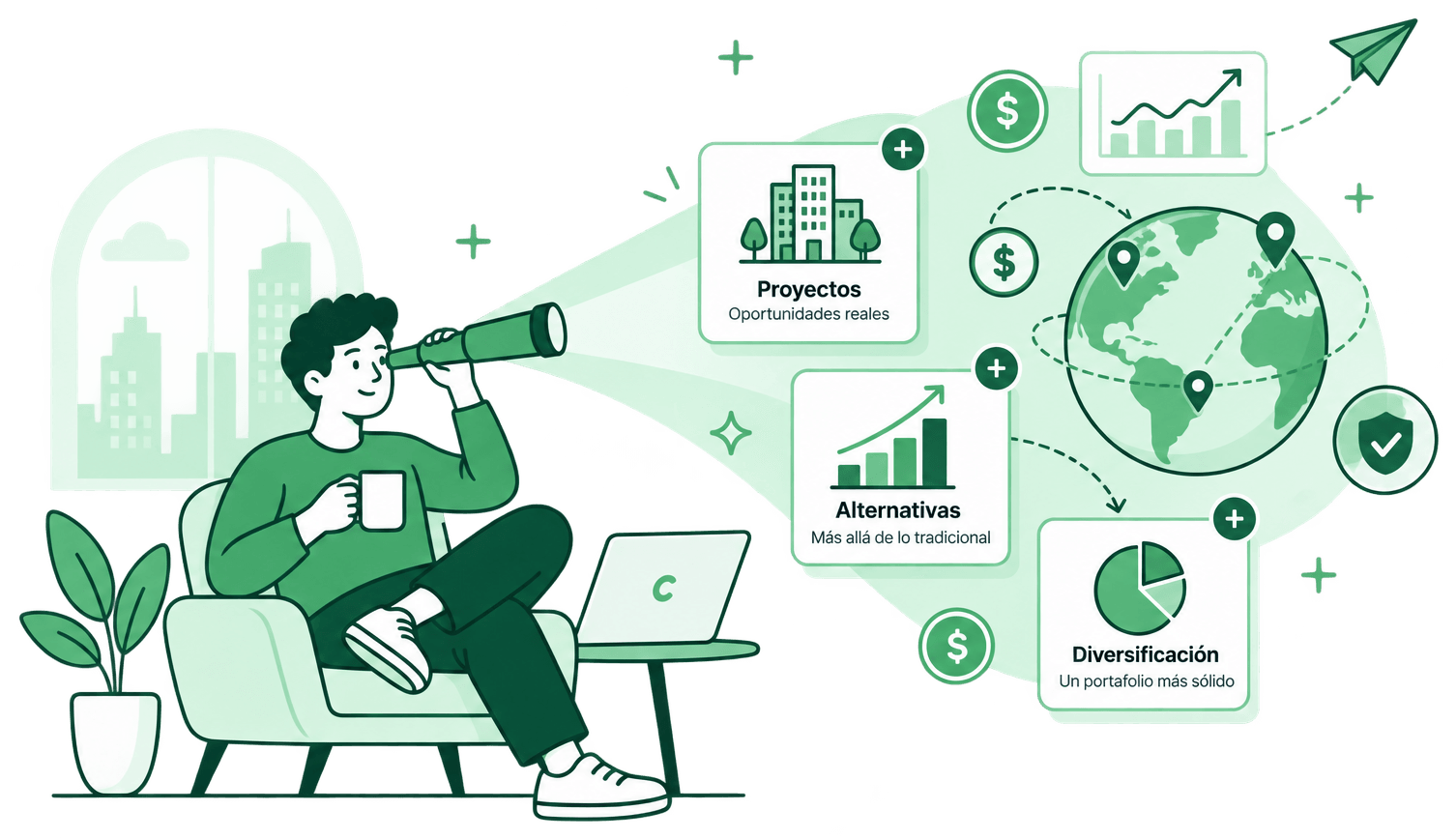 Persona explorando nuevas oportunidades de inversión, con mensajes sobre proyectos, alternativas y diversificación