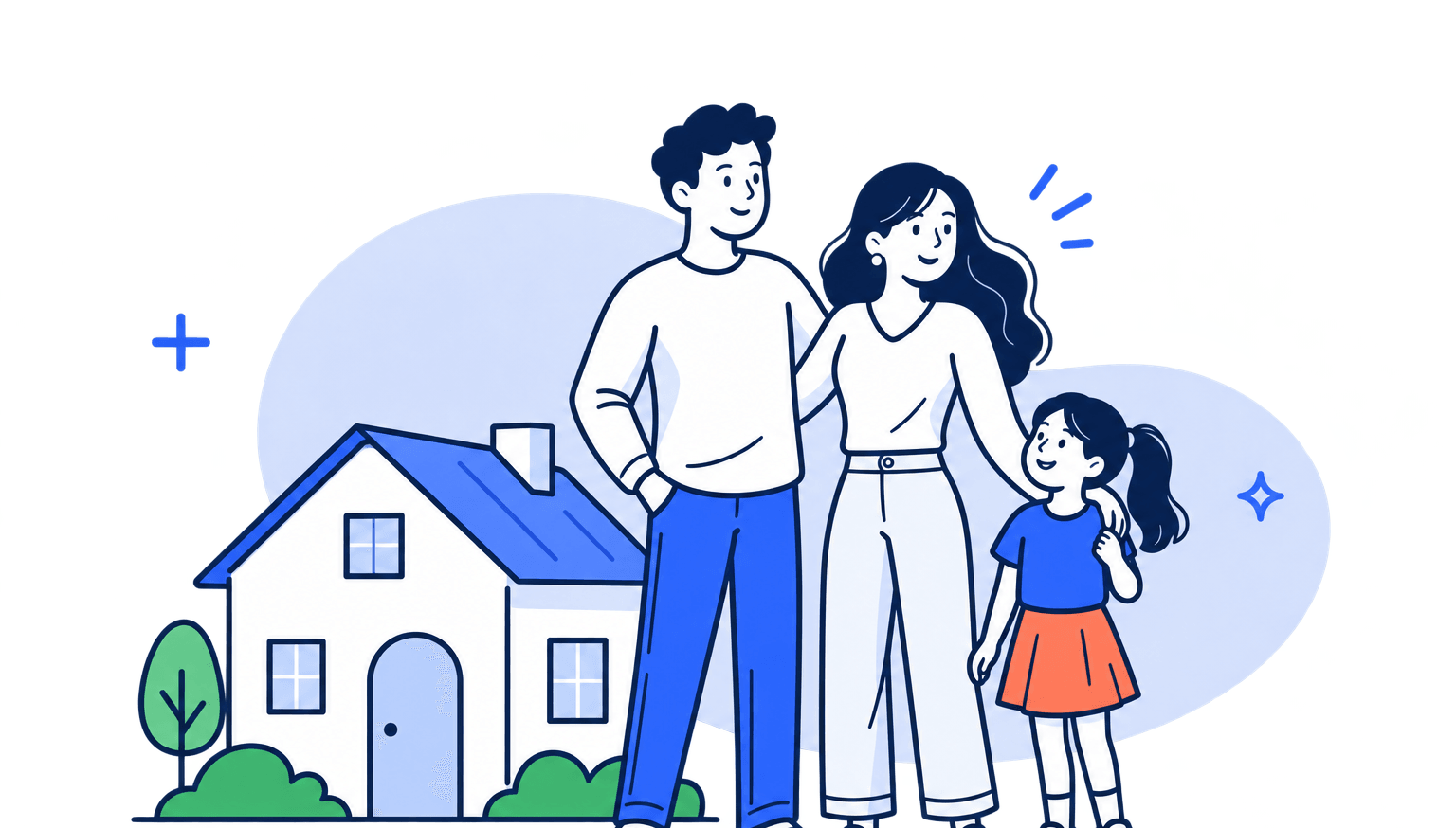 Familia protegida frente a su casa