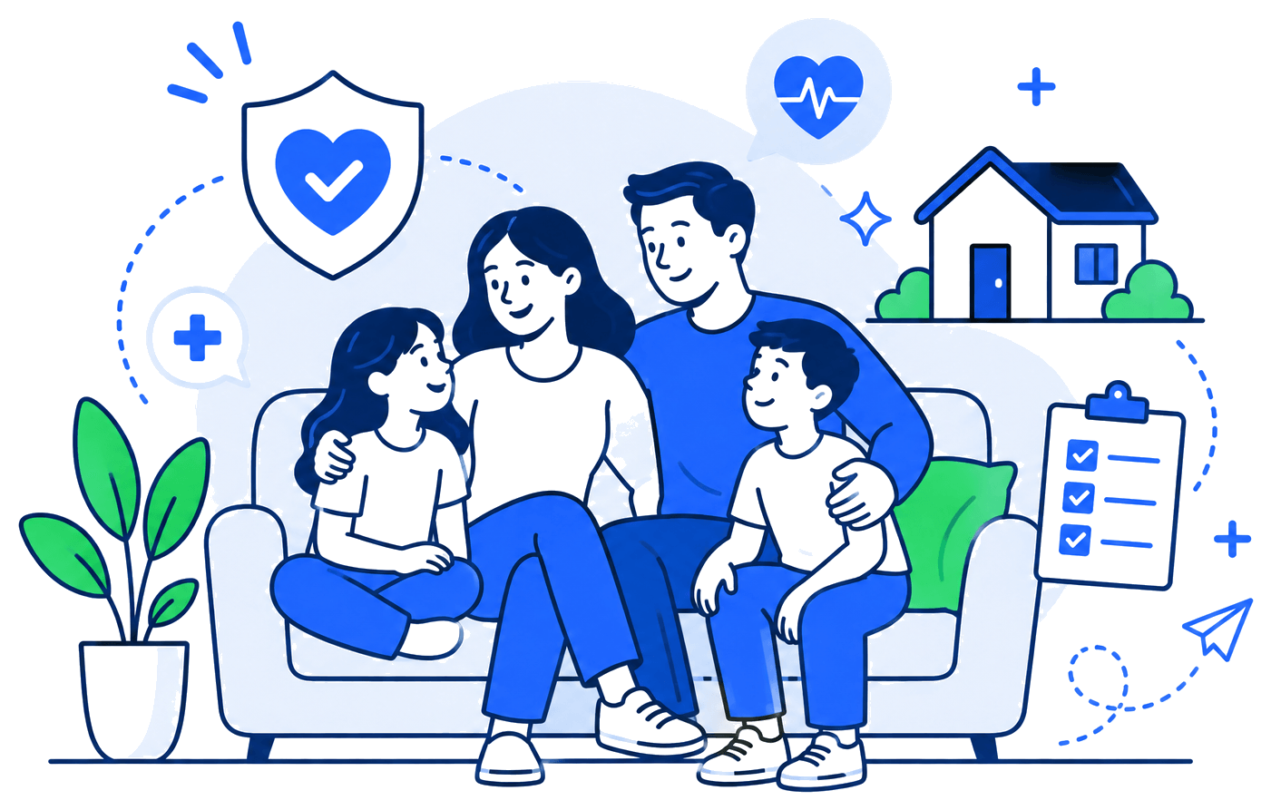 Familia reunida en casa, construyendo sus planes y proyectos juntos