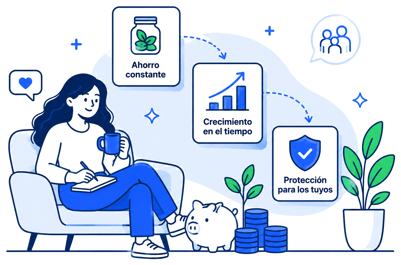 Persona construyendo su patrimonio con ahorro constante, crecimiento en el tiempo y protección